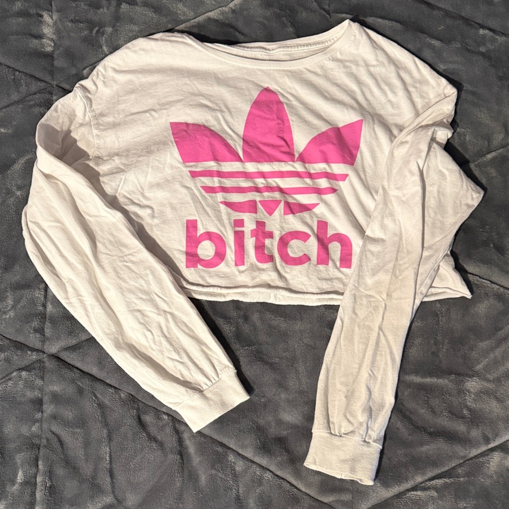 White Long Sleeve Crop Top with Pink Graphic